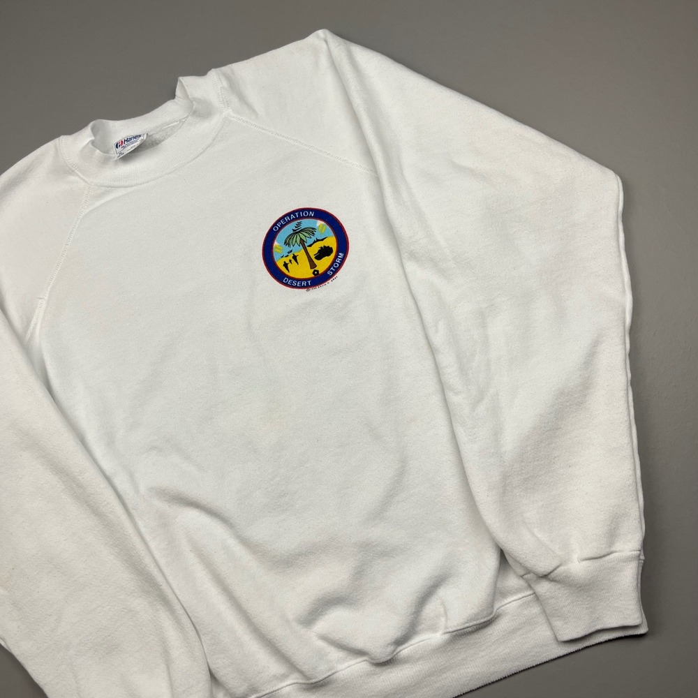 Hanes Sweatshirt Mens XL White Vintage Operation Desert Storm World Peace 1991
